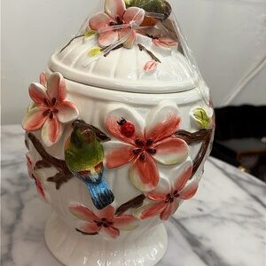 Hand-Painted Floral Bird Ceramic Jar with Lid